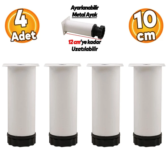 Ayarlanabilir Dolap Mobilya Kanepe Baza Koltuk Metal Destek Yükseltici Ayağı 10 cm Beyaz Ayakları 4 Adet ürün görseli 1