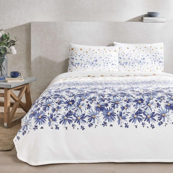 Taç Baskılı Flora Tek Kişilik Pike Takımı Mavi ürün görseli 1