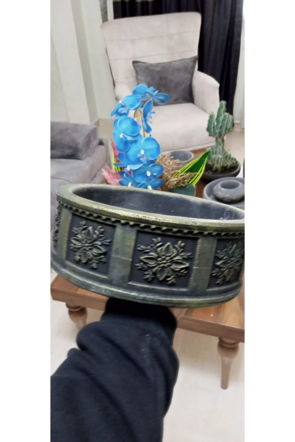 Retro beton saksı yuvarlak gri eskitme ürün görseli 1