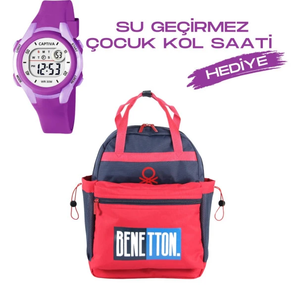 Çocuk Kol Saati Hediyeli Benetton Büyük Kapasiteli Çocuk Okul Çantası B.NT.03789 ürün görseli 1
