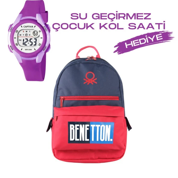 Çocuk Kol Saati Hediyeli Benetton Büyük Kapasiteli Çocuk Okul Çantası B.NT.03790 ürün görseli 1