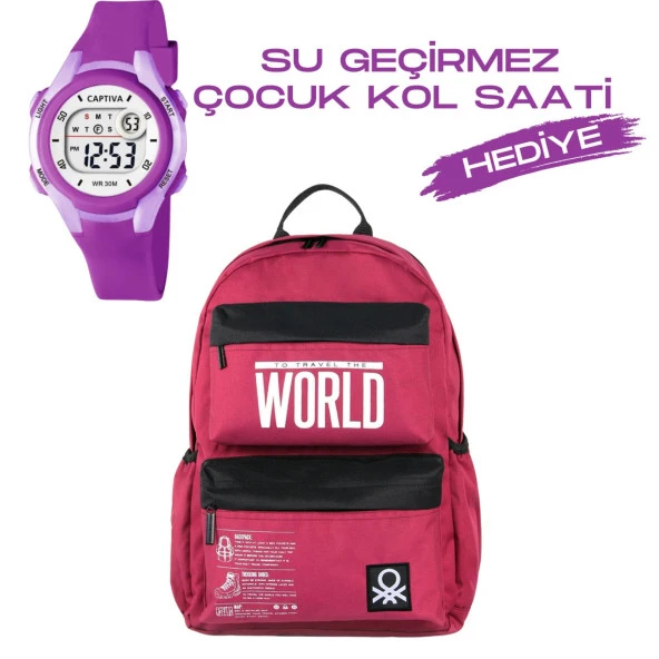 Çocuk Kol Saati Hediyeli Benetton Büyük Kapasiteli Çocuk Okul Çantası B.NT.03833 ürün görseli 1