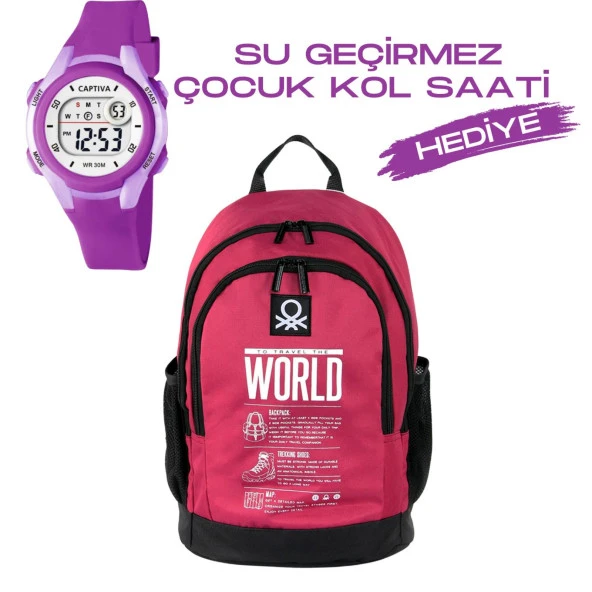 Çocuk Kol Saati Hediyeli Benetton Büyük Kapasiteli Çocuk Okul Çantası B.NT.03834 ürün görseli 1