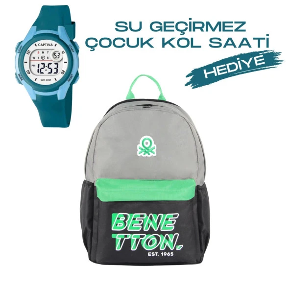 Çocuk Kol Saati Hediyeli Benetton Büyük Kapasiteli Çocuk Okul Çantası B.NT.03841 ürün görseli 1