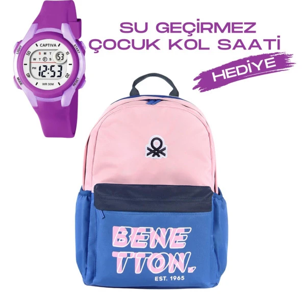 Çocuk Kol Saati Hediyeli Benetton Büyük Kapasiteli Çocuk Okul Çantası B.NT.03844 ürün görseli 1