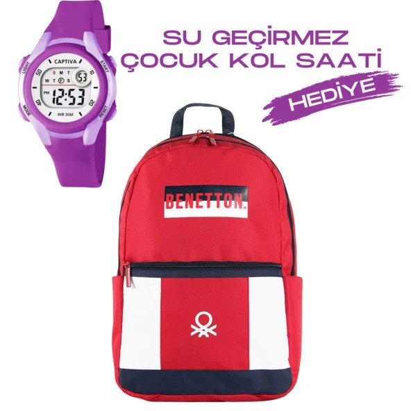Çocuk Kol Saati Hediyeli Benetton Büyük Kapasiteli Çocuk Okul Çantası B.NT.04287 ürün görseli 1