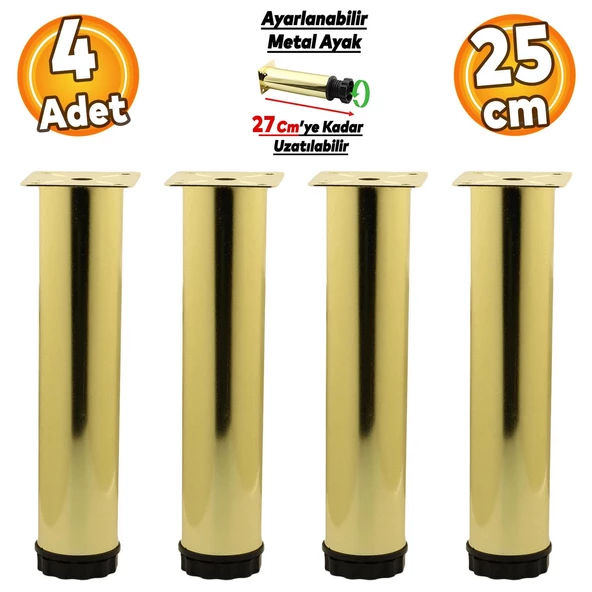 Ayarlanabilir Mobilya Kanepe Baza Koltuk Metal Destek Yükseltici Gold Ayağı Ayakları 25 cm 4 Adet ürün görseli 1