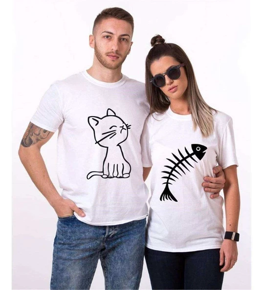 Tshirthane Kedi Ve Balık Cat Fish Sevgili Kombinleri Tshirt Kombini ürün görseli 1