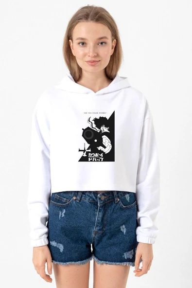Cowboy Bebop Spike See You Space Cowboy Beyaz Optik Kadın Crop Kapşonlu ürün görseli 1
