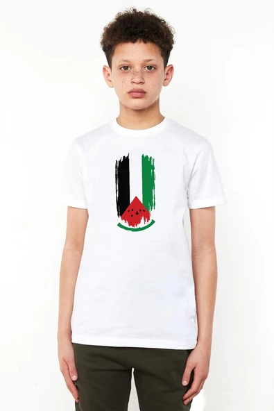 Watermelon Palestine Flag Beyaz Çocuk Bisikletyaka Tshirt ürün görseli 1
