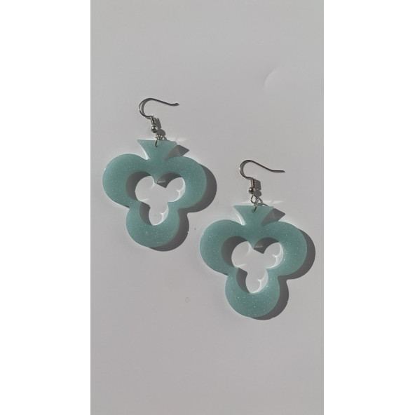 Buz Mavi Renkli Simli Sedefli Gümüş Aksesuar İskambil Sinek İçi Boş Şekil Küpe 5 cm Epoksi Hediyelik ürün görseli 1
