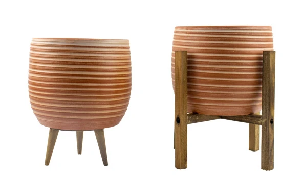 Bitki Tasarımı Yan Çizgi Desenli Toprak Saksı Saksılık Salon Çiçeklik İkili Set 3 Ayaklı- 4 Ayaklı- 19 CM ürün görseli 1