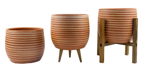 Bitki Tasarımı Yan Çizgi Desenli Toprak Saksı Saksılık Salon Çiçeklik Üçlü Set - 19 CM ürün görseli 1