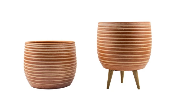 Bitki Tasarımı Yan Çizgi Desenli Toprak Saksı Saksılık Salon Çiçeklik İkili Set Ayaksız - 3 Ayaklı- 19 CM ürün görseli 1