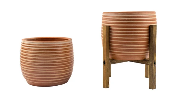 Bitki Tasarımı Yan Çizgi Desenli Toprak Saksı Saksılık Salon Çiçeklik İkili Set Ayaksız - 4 Ayaklı- 19 CM ürün görseli 1