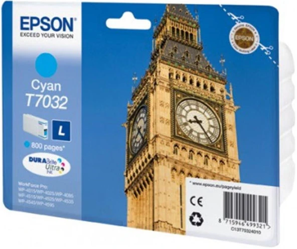 Epson T7032 Cyan Mavi 800 Sayfa Mürekkep Kartuş T70324010 ürün görseli 1
