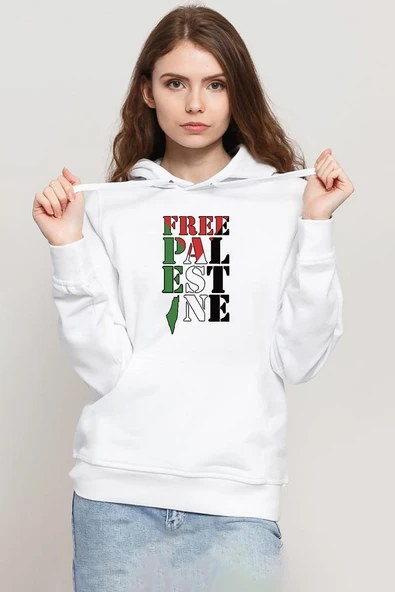 Free Palestine Beyaz Kadın 3ip Kapşonlu Sweatshirt ürün görseli 1