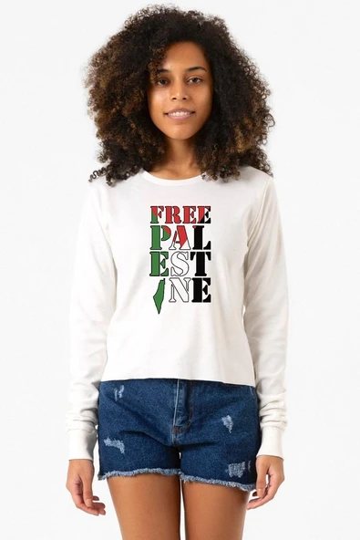 Free Palestine Ekru Ekstra Uzunkol Sweatshirt ürün görseli 1