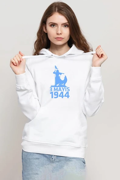 3 Mayıs Türkçülük Günü Beyaz Kadın 3ip Kapşonlu Sweatshirt ürün görseli 1