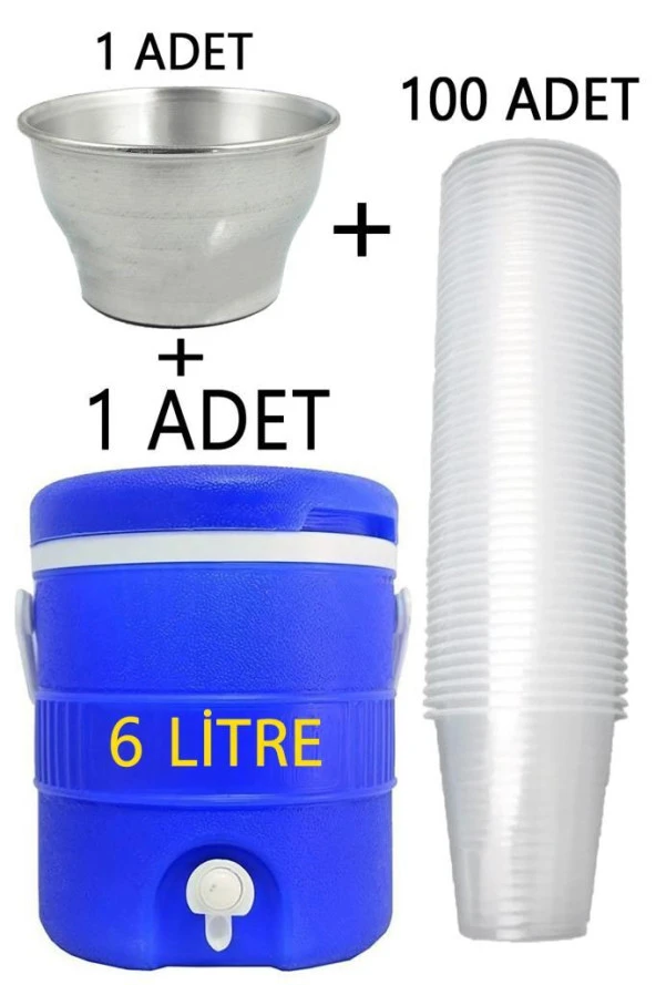 Plastik 6 Litre Mavi Musluklu Soğuk Su Termosu Buz Tası 100 Adet Pet Su Bardağı Seti ürün görseli 1