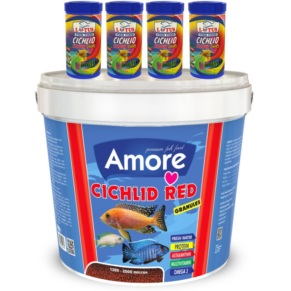 Amore Cichlid Red Granules 3kg Kova 44-Protein, Lotus 4x250ml Malawi Ciklet Color Balık Yemi ürün görseli 1