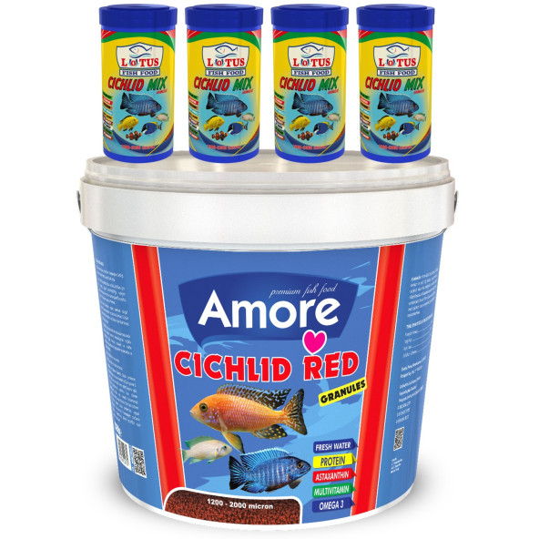 Amore Cichlid Red Granules 3kg Kova 44-Protein, Lotus 4x250ml Malawi Ciklet Mix Karışık Balık Yemi ürün görseli 1