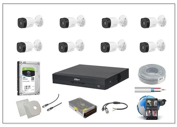 DAHUA 8 KAMERA FULL TAKIM SET 1080 FULL HD GECE GÖRÜŞ UZAKTAN İZLEME 2 TB HDD ürün görseli 1