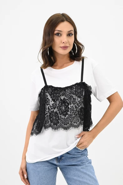 Kadın Dantel Detaylı T-shirt 1772-24 ürün görseli 1