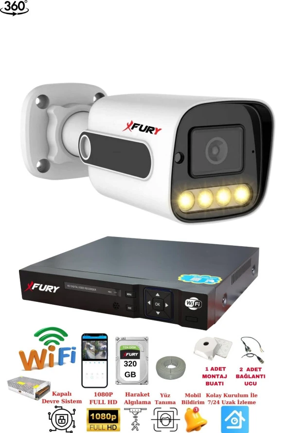 FURY 1 Kameralı Su Geçirmez 1080P 4 x Ultra Ledli Gece Renkli Güvenlik Kamera Seti 5500 320GB ürün görseli 1