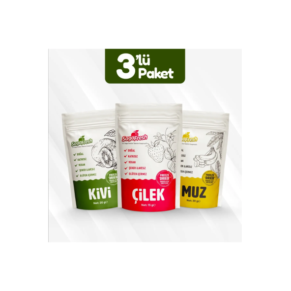 Dondurularak Kurutulmuş Meyve 3'lü Set 1 (Çilek 15g, Muz 30g, Kivi 20g) ürün görseli 1