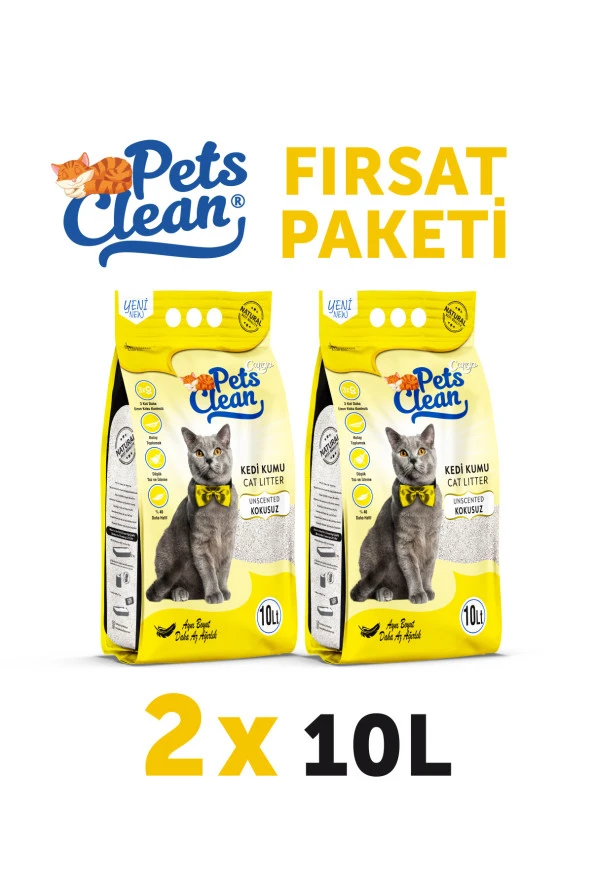 Pets Clean Kedİ Kumu Natural (Kokusuz) 10Lt 2Li ürün görseli 1