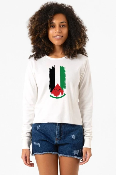Watermelon Palestine Flag Ekru Ekstra Uzunkol Sweatshirt ürün görseli 1