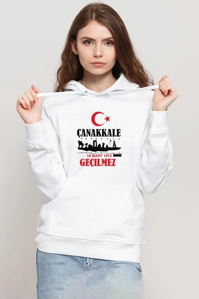 18 Mart Çanakkale Geçilmez Beyaz Kadın 3ip Kapşonlu Sweatshirt ürün görseli 1