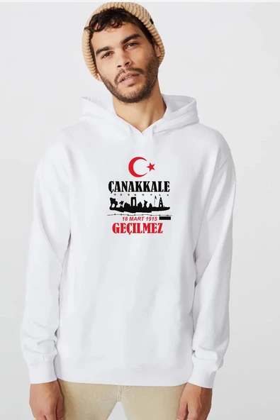 18 Mart Çanakkale Geçilmez Beyaz Erkek 3ip Kapşonlu  Sweatshirt ürün görseli 1
