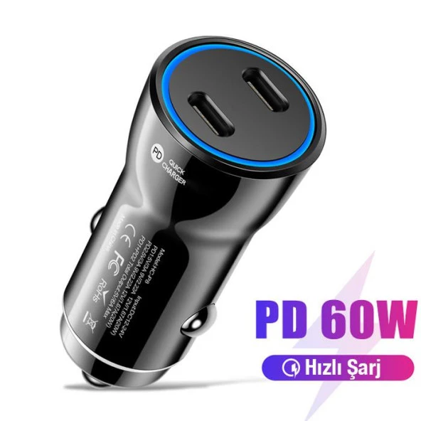 ALLY TE-P61 2 Type-c Çıkışlı Araç İçi Çakmaklık 60W Hızlı Şarj Başlığı Siyah ürün görseli 1