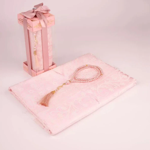Tesbih + Seccade Hediye Seti (Desenli Dik Asetat Kutu, Pudra Pembe) ürün görseli 1