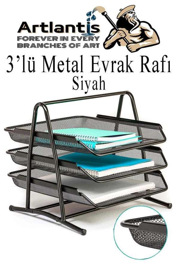 Metal Evrak Rafı 3 lü Siyah 1 Paket Masa Üstü A4 Dosya Düzenleyici Kağıt Tepsisi Fileli Üç Katlı Hareketli Siyah ürün görseli 1