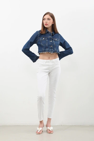 Kadın Püsküllü Crop Jean Ceket - Resim 6