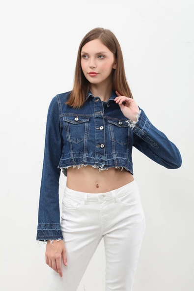 Kadın Püsküllü Crop Jean Ceket - Resim 3