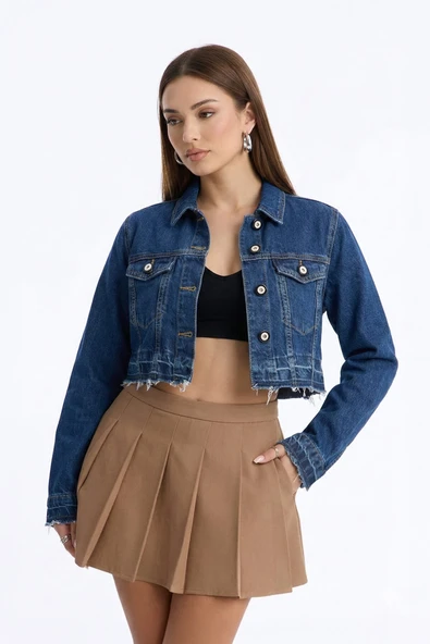 Kadın Püsküllü Crop Jean Ceket ürün görseli 1