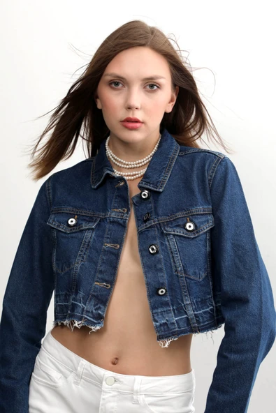 Kadın Püsküllü Crop Jean Ceket - Resim 5