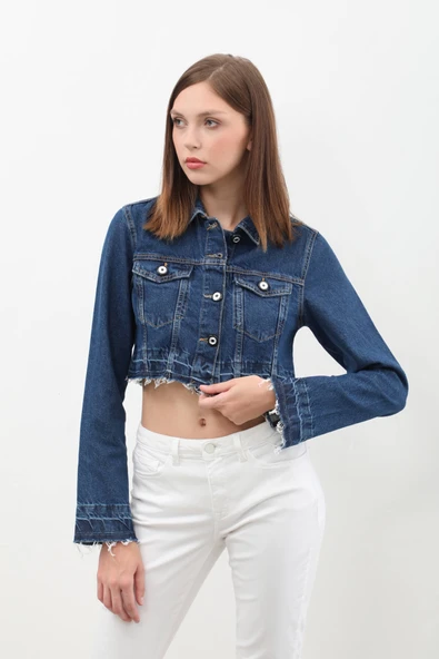 Kadın Püsküllü Crop Jean Ceket - Resim 7