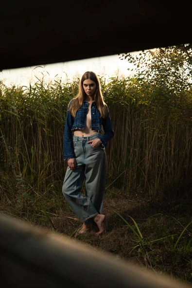 Kadın Püsküllü Crop Jean Ceket - Resim 4
