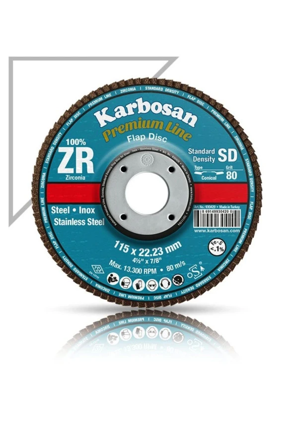 Karbosan Flap Disk Çelik ve İnox Zımpara ZR 115x22.23/80 Kum SD-Konik 983465 (10Adet) ürün görseli 1