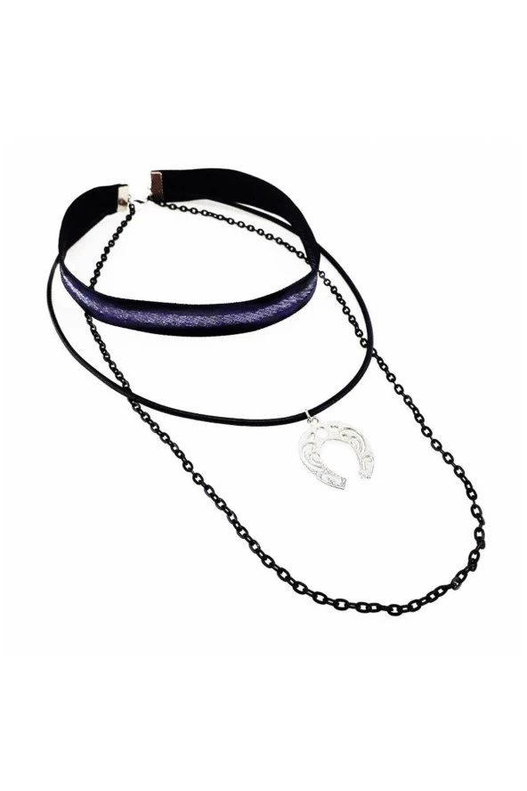 Gümüş İşleme Siyah Kadife At Nalı Choker Kolye ürün görseli 1