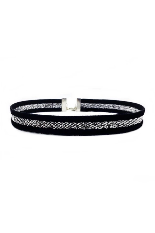 Beyaz Sim Işleme Siyah Kadife Kadın Choker Kolye ürün görseli 1