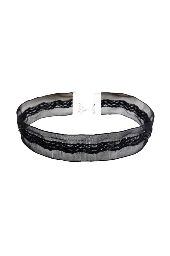 Siyah Renk Deri Işlemeli Kadın Choker Kolye - Resim 2