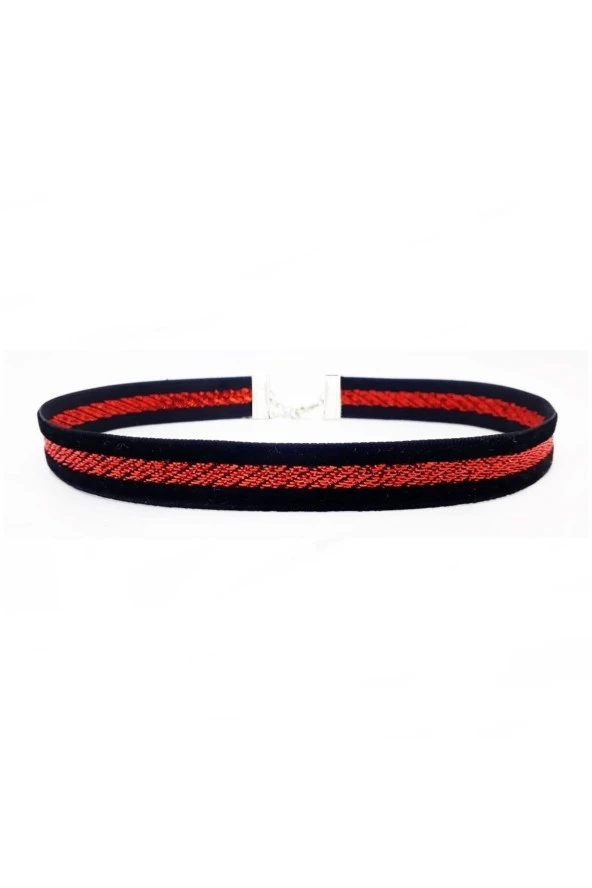 Kırmızı & Siyah Renk Kadife Kadın Choker Tasma Kolye ürün görseli 1