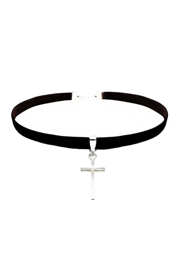 Siyah Kadife Kadın Haç Choker Kolye ürün görseli 1
