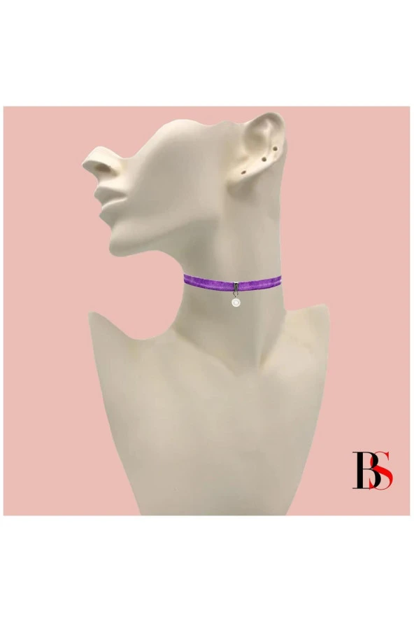 Mor Renk Kadife Kadın Akrilik Inci Choker Kolye ürün görseli 1